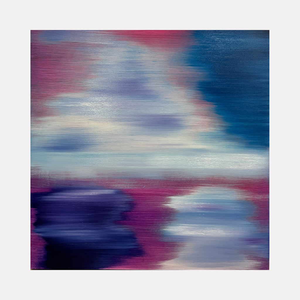 The artwork 'Serenity 1' by Bill Burns features ethereal abstract brushstrokes blending deep navy blues, vibrant magentas, and soft white highlights. The oil painting on wood panel creates a dreamlike atmosphere with horizontal sweeping motions, reminiscent of a misty twilight sky or reflected water surface. The smooth transitions between colors evoke a sense of tranquil movement and flowing energy.