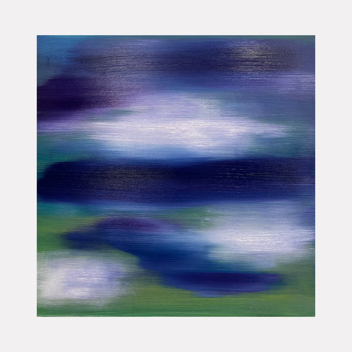 The artwork 'Serenity 2' by Bill Burns features ethereal brushstrokes blending deep navy blues, soft lavenders, and emerald greens in a dreamlike abstract landscape. Horizontal sweeping motions create a misty atmospheric effect on wood panel, suggesting clouds or water reflections in twilight, painted in oil with a contemporary impressionist style.