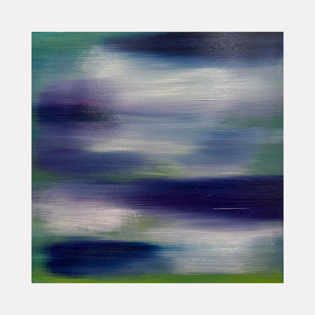 The artwork 'Serenity 3' by Bill Burns features ethereal horizontal brushstrokes in deep navy blues, seafoam greens, and misty whites, creating an abstract landscape reminiscent of a tranquil ocean horizon. The oil on wood panel painting showcases smooth blending transitions and atmospheric depth through layered colors. - Bill Burns