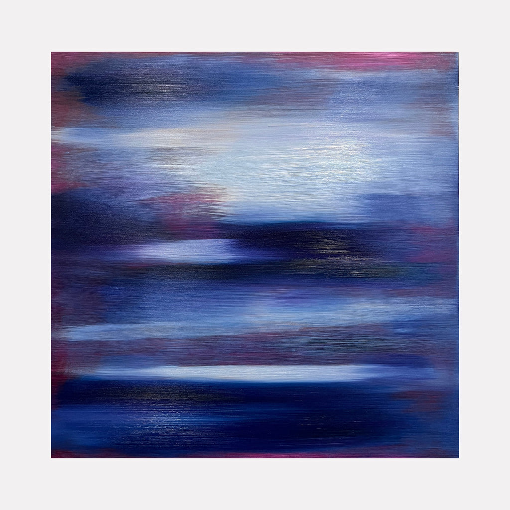 The artwork 'Serenity 4' by Bill Burns features ethereal horizontal brushstrokes in deep navy blues and soft periwinkle, creating a misty atmospheric effect. Subtle burgundy accents blend into layers of dreamy blue hues, evoking a tranquil twilight seascape. The oil on wood panel technique adds rich texture and depth to this abstract contemporary piece.
