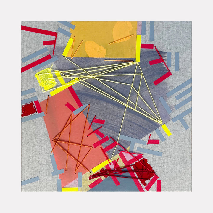 The artwork 'Shuunedvv' by Philippe Halaburda features an abstract geometric composition with intersecting yellow yarn lines creating dynamic angles across a canvas. Red tape fragments and coral-pink shapes contrast against a muted grey background, while light blue geometric elements add depth. The mixed media piece combines acrylic paint, tape, and yarn in a contemporary abstract style.