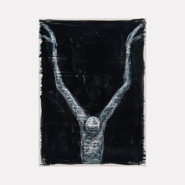 The artwork 'Sides' by AnkI King features a minimalist figure rendered in white chalk-like strokes against a deep black background. The abstract form resembles a Y-shape or upraised arms, creating a stark contrast through rough, textural brushwork on paper. Mixed media technique emphasizes the raw, expressive quality of the composition. By AnkI King.