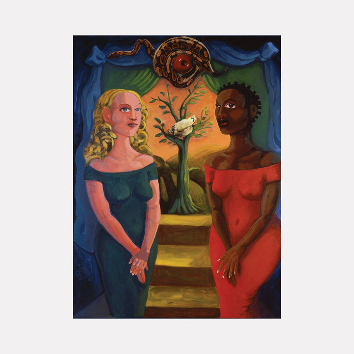 The artwork 'Sisters of Redemption' by JaeMe Bereal features two figures in elegant dresses - one in deep teal and one in vibrant red - standing before a stylized tree with a white dove. The background showcases rich blue draping and a luminous orange sunset sky. A decorative spiral motif crowns the composition. The lithograph on canvas combines symbolism with bold, painterly style. By JaeMe Bereal.
