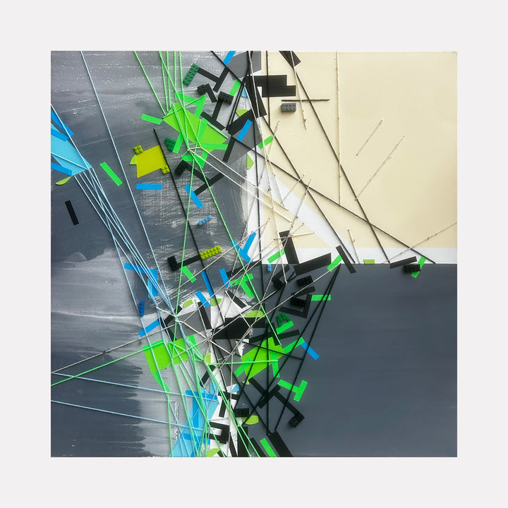 The artwork 'Slatt Gryy Khhahiic' by Philippe Halaburda features dynamic geometric abstractions in gray, neon green, and electric blue. Sharp angular lines intersect across a moody grayscale background, creating a sense of urban movement and digital chaos. The mixed media composition combines bold brushstrokes with precise linear elements in a 36x36 inch format.