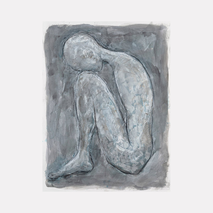 The artwork 'Small Space' by AnkI King features an abstract figure rendered in muted grays and pale blues on paper. The composition depicts a curved, minimalist form suggesting a seated, introspective position against a moody gray background. The mixed media technique creates textural layers and subtle tonal variations throughout the 30x22.5 inch piece.