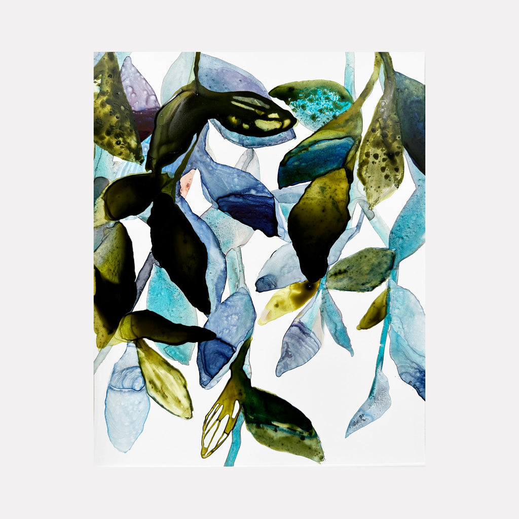 The artwork 'Something Blue II' by Rachel Kohn features an abstract botanical composition in watercolor and ink on yupo paper. Translucent leaves in shades of navy, turquoise, and olive green float against a white background, creating a flowing, ethereal effect. The organic shapes overlap and blend, showcasing the fluid nature of watercolor medium.