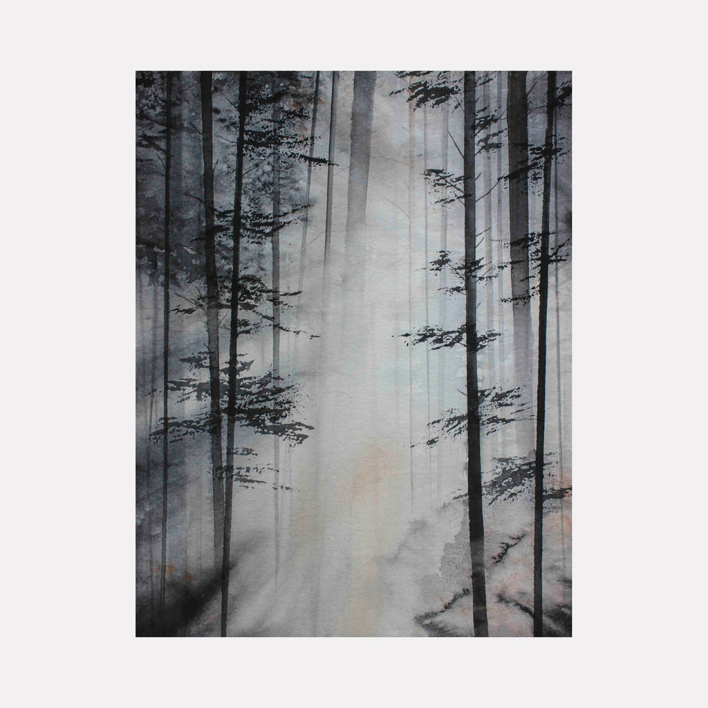 Songs of the Woodland by Catherine Lencke depicts misty forest with tall pine trees in moody watercolor, creating ethereal atmosphere in gray tones