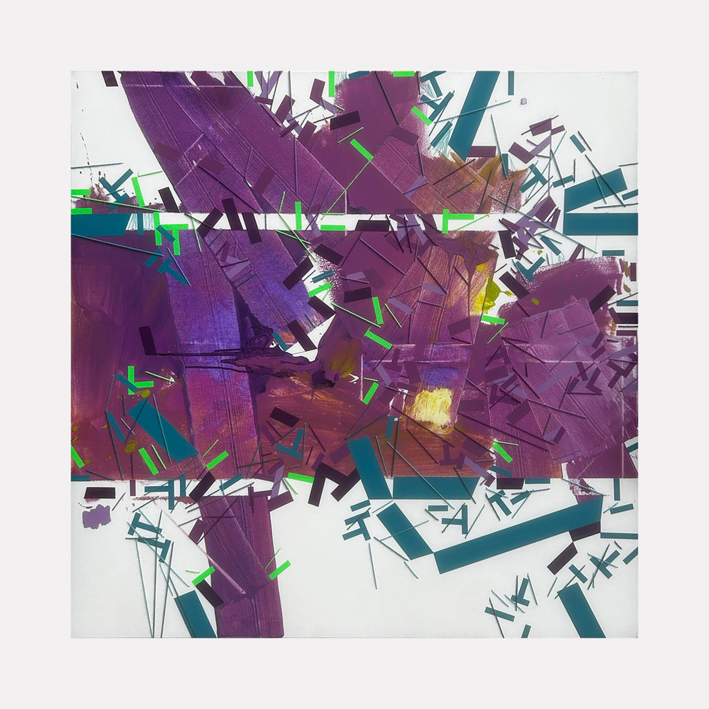 The artwork 'Speddnaar cascade' by Philippe Halaburda features an explosive abstract composition dominated by vibrant purple geometric shapes intersected by teal and neon green angular elements. The mixed media piece creates a dynamic fragmented effect against a white background, with scattered geometric forms suggesting movement and energy in a 48x48 inch format.