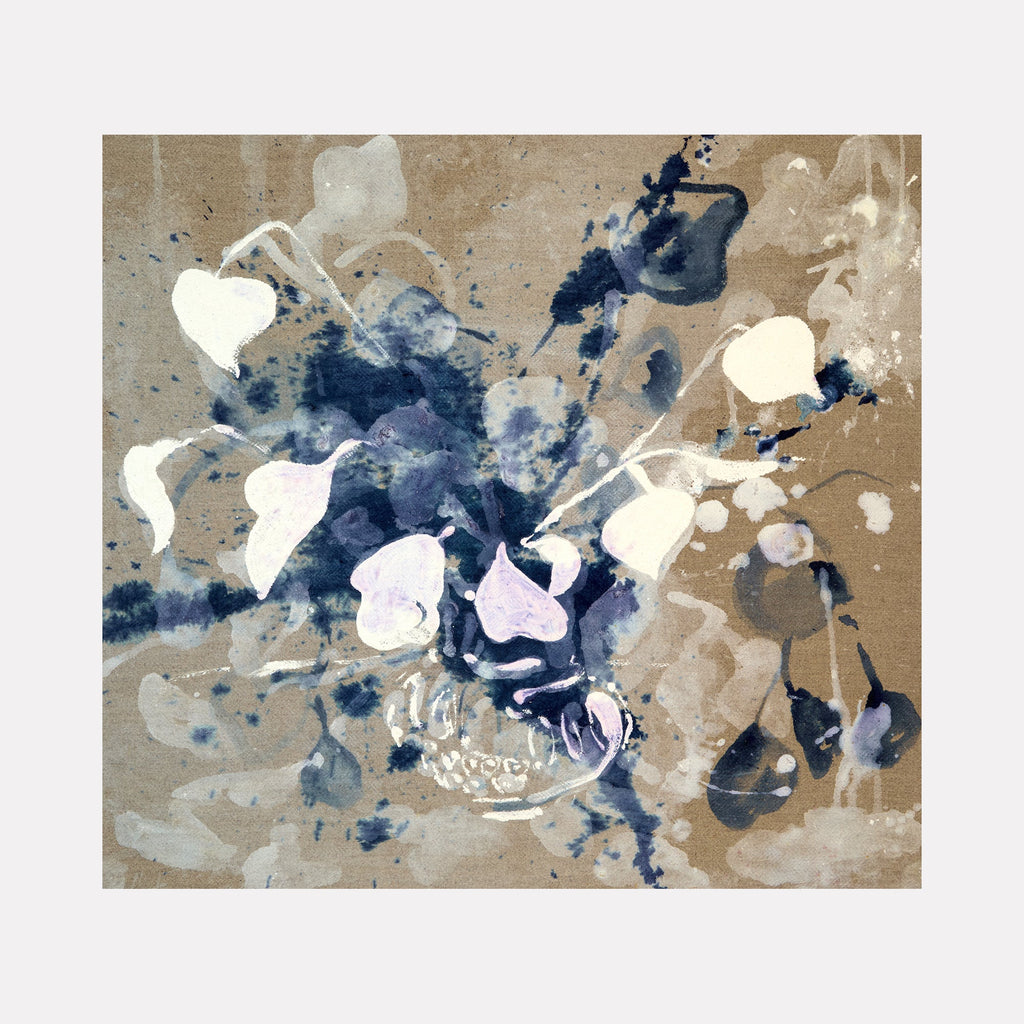 The artwork 'Philomela's Crown' by Molly Herman features abstract expressionist brushstrokes in deep navy blue and white splashes against a neutral taupe linen background. Dynamic paint splatters create an ethereal burst effect, with translucent layers of acrylic and oil paint intermingling to form a celestial-like composition measuring 22x24 inches.