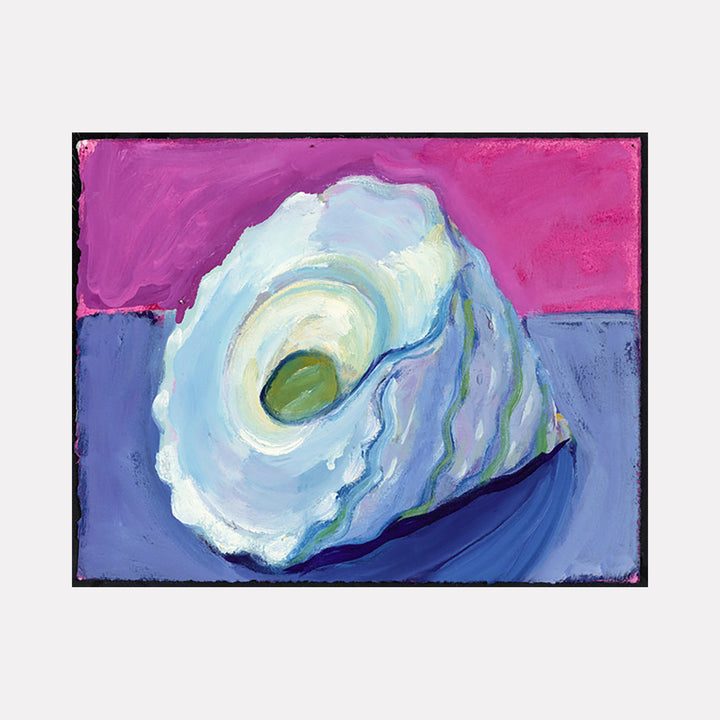 The artwork 'Spiral Shell' by Cristi Lyon features a luminous conch shell painted in swirling pale blues and whites against a vibrant magenta and purple background. The oil painting captures the shell's natural spiral pattern with layered brushstrokes, highlighting its organic form and central green opening, creating a striking contemporary still life composition.