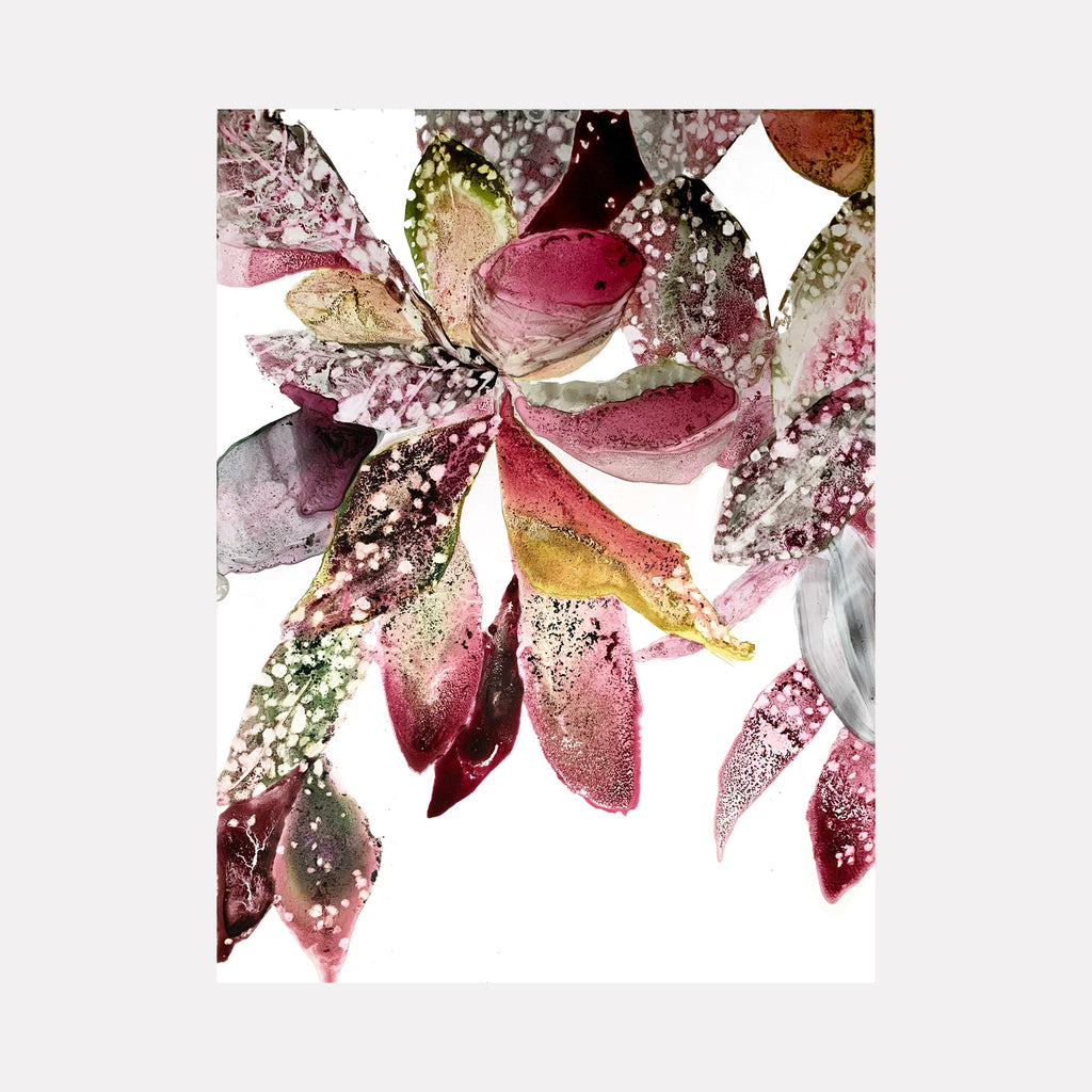 The artwork 'Splash Plant' by Rachel Kohn features delicate watercolor petals in rich burgundy, pink, and golden hues with white speckled textures on yupo paper. Abstract floral forms cascade from the top corner, creating a dynamic composition with translucent layers and organic shapes, showcasing fluid ink details and ethereal splatter effects.