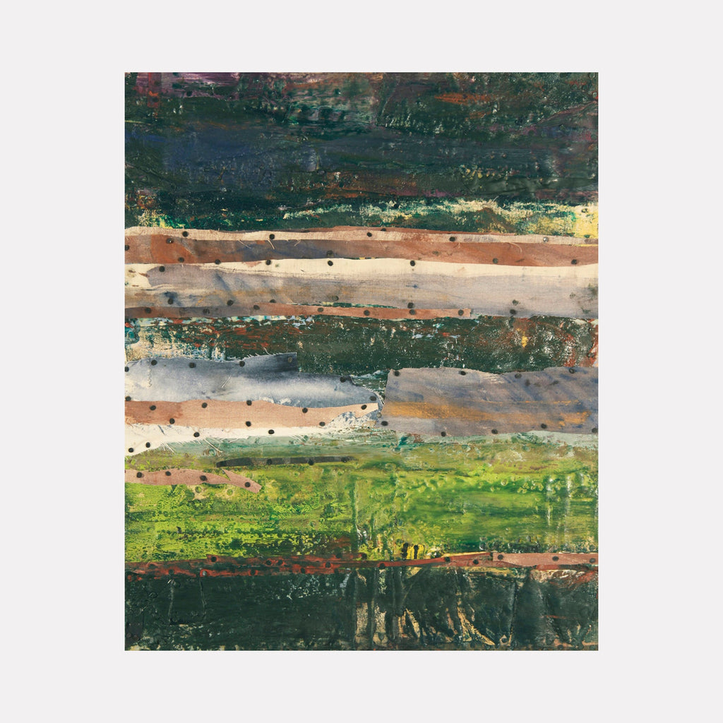 The artwork 'Spring Promise' by Christopher Blyth features horizontal layers of vibrant colors reminiscent of a natural landscape. Deep forest greens blend with earthy browns and a bright chartreuse base, creating a textured striped pattern. The encaustic medium adds depth through its characteristic waxy finish, while scattered dots punctuate the composition, suggesting rain or scattered seeds.