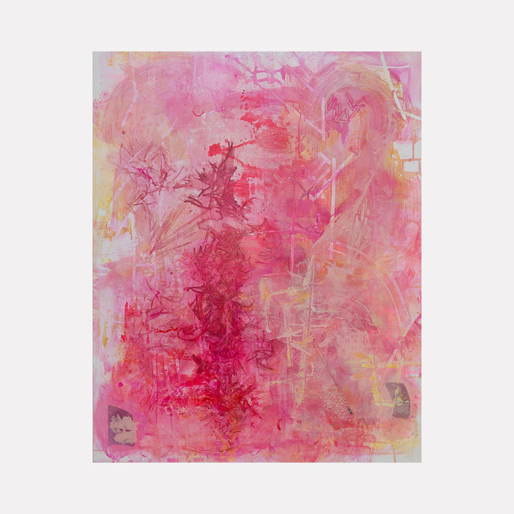 The artwork 'Spring Flowers' by Lisa Petker Mintz features a vibrant abstract composition in shades of pink, coral, and soft yellow. Fluid brushstrokes create delicate, organic forms reminiscent of blooming flowers, with translucent layers of acrylic paint creating depth and movement across the 60x48 inch canvas.