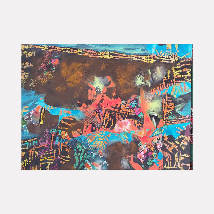The artwork 'Spring Sleding' by James Ehling features an abstract mixed-media composition with vibrant splashes of coral pink and turquoise blue contrasting against a rich brown background. Dynamic patterns and textures created through acrylic paint and fabric elements dance across the canvas, suggesting a sense of movement and energy in an 18x24 inch format.