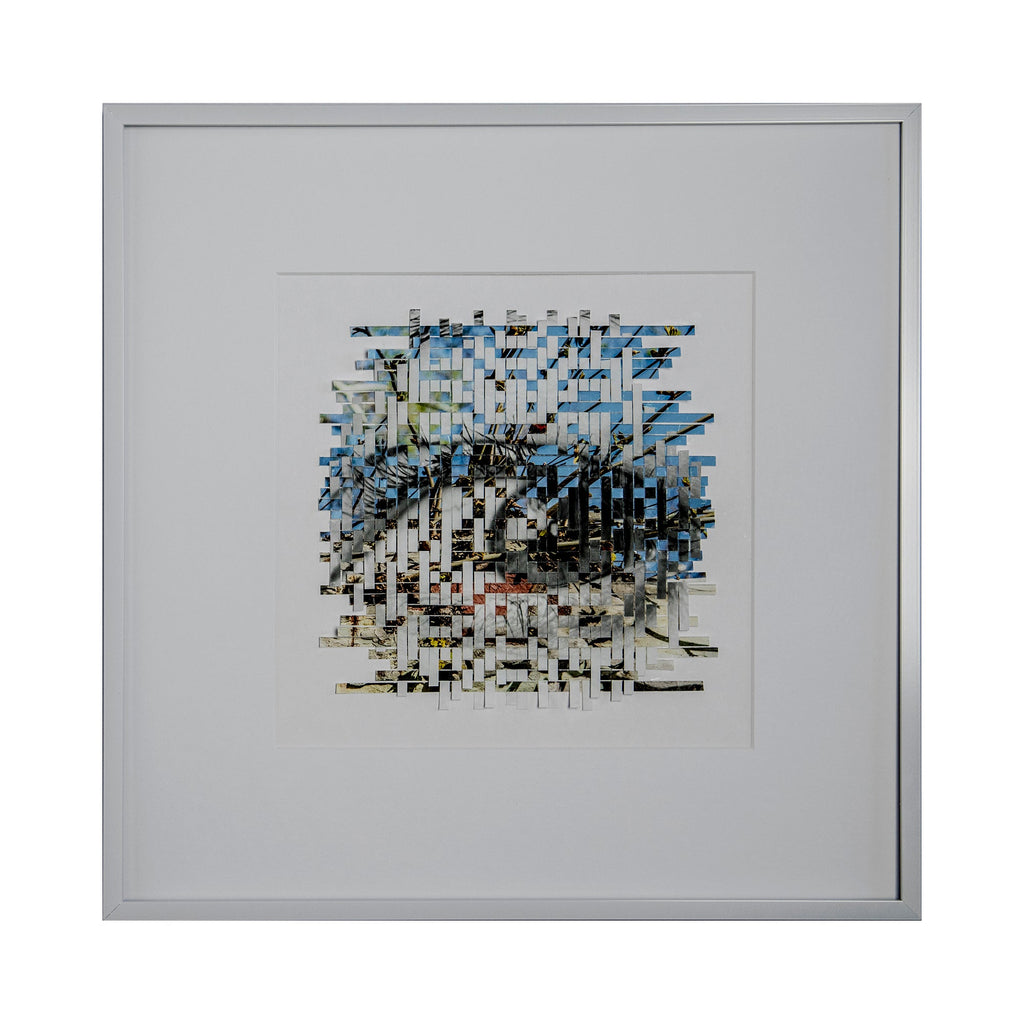 The artwork 'Sprout' by Kiana Honarmand features an abstract geometric composition of hand-cut and woven giclee prints. Black and blue fragments create a pixelated, mosaic-like pattern against a white background, suggesting organic growth through angular shapes. The 16x16 inch piece combines modern digital aesthetics with traditional weaving techniques.
