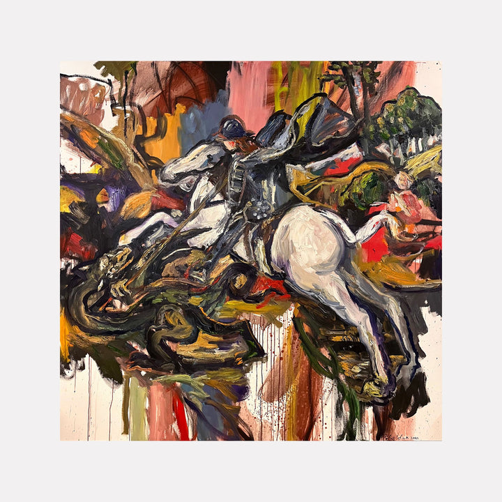 St. George and the Dragon (After Raphael) by David Quentin Sheldon depicts a dynamic, expressive reinterpretation of the classic myth with bold, sweeping brushstrokes. A white horse and mounted warrior confront a sprawling, twisting dragon amidst vivid, layered colors blending deep greens, reds, and earthy tones, evoking tension and movement.