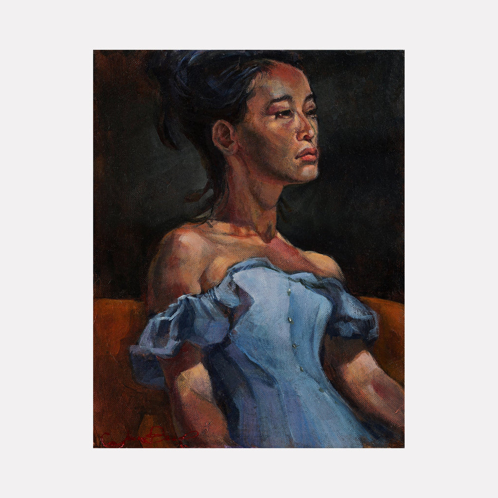 The artwork 'Summer Blue' by JaeMe Bereal features an artistic portrait in acrylic on board, depicting a figure in an off-shoulder powder blue dress with ruffled details against a dark background. The painting showcases dramatic lighting, rich earthy tones, and expressive brushwork characteristic of contemporary portraiture. 14x11 inches. By JaeMe Bereal.