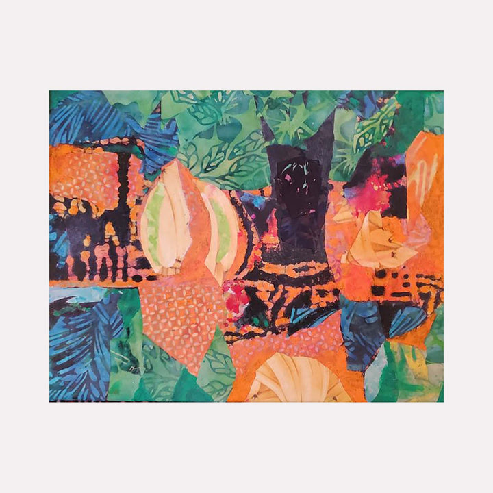 The artwork 'Summer Oasis' by James Ehling features vibrant tropical patterns with layered fabric collage elements. Bold coral and peach shapes contrast against deep turquoise palm fronds and emerald foliage. Abstract geometric patterns and organic forms blend in a mixed media composition. Textural acrylic details on canvas create a dynamic, summery atmosphere. By James Ehling.