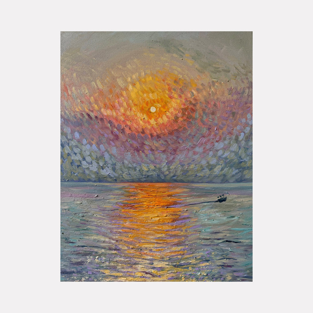 The artwork 'Sunset in Bombay' by Claudia Robles-Gil depicts a vibrant impressionistic seascape with a glowing orange sun reflecting on calm waters. Textured brushstrokes create a rippling effect across the sky in purple and yellow hues, while a small boat silhouette adds depth to the serene coastal scene. Oil on canvas, with rich impasto technique capturing the warmth of dusk.