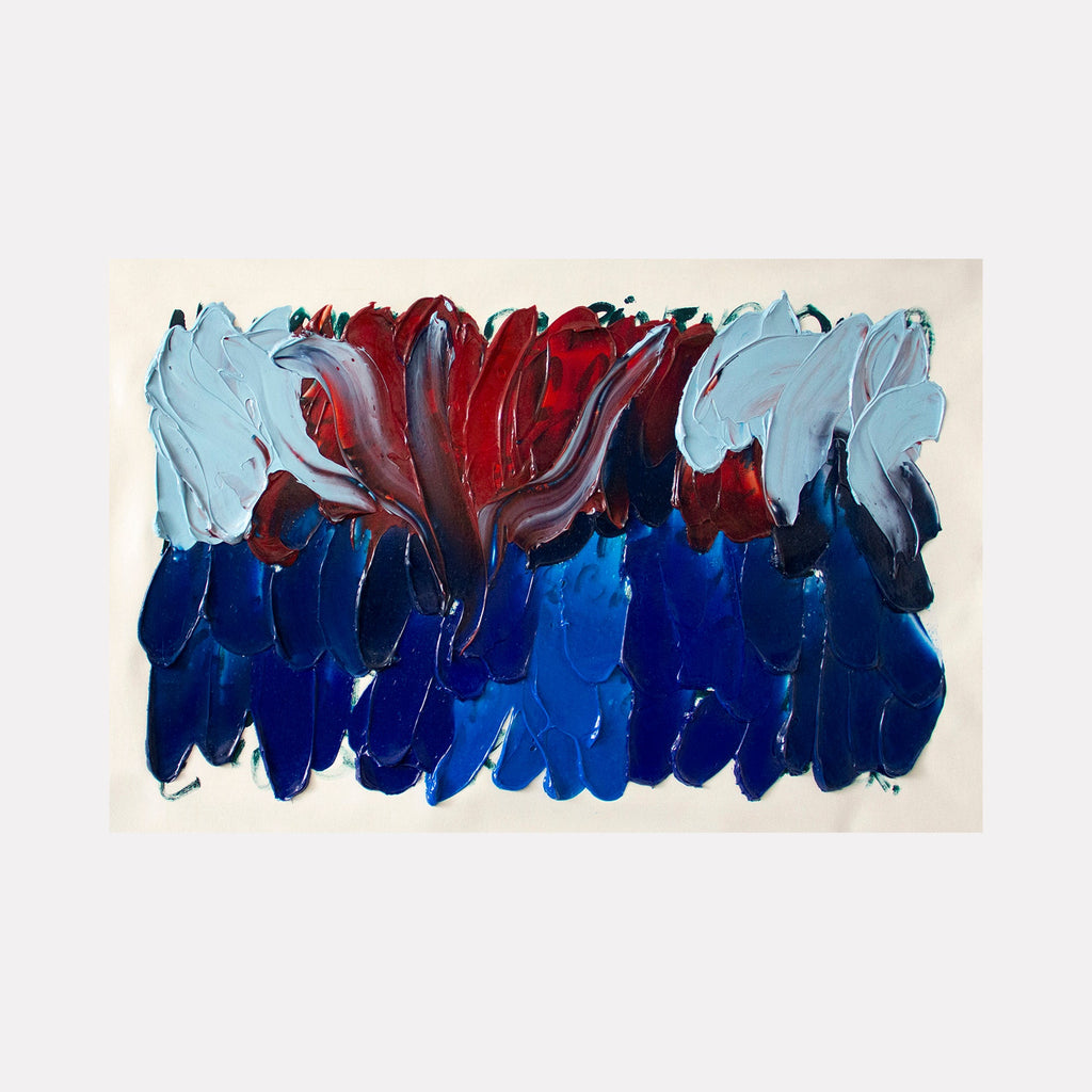 The artwork 'Suspiro 171' by Carin Kulb Dangot features bold brushstrokes in deep navy blue and light blue tones, with a dramatic burst of crimson red emerging from the center. The abstract composition displays dynamic movement through sweeping gestures and layered acrylic paint, creating a powerful contrast between cool and warm colors on canvas.