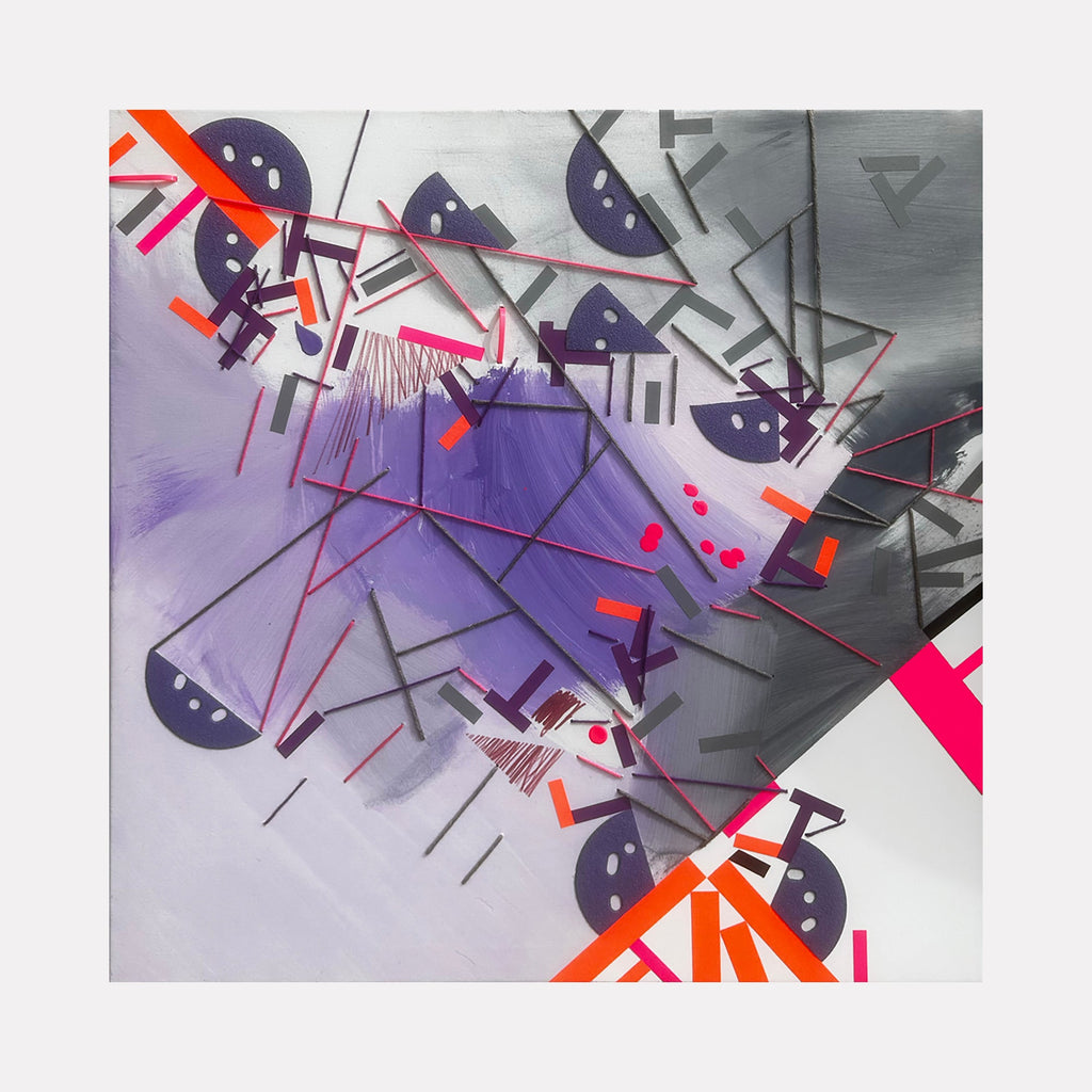The artwork 'Suusillo' by Philippe Halaburda features dynamic geometric abstract composition with intersecting angular lines and shapes in vibrant neon pink, orange, and purple against a gradient gray background. Semi-circular forms with dotted patterns create rhythm across the canvas, while sharp geometric elements suggest urban movement and energy. Mixed media, 30x30 inches by Philippe Halaburda.