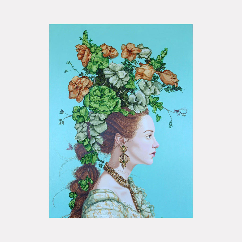The artwork 'Symbols and Icons II' features an elegant profile portrait adorned with a dramatic floral headpiece combining vibrant green foliage, peach-colored roses, and silvery-white blooms against a bright turquoise background. The subject wears an ornate gold necklace and a delicate mint-colored period dress. Created in acrylic on wood by Carlos Gamez de Francisco.