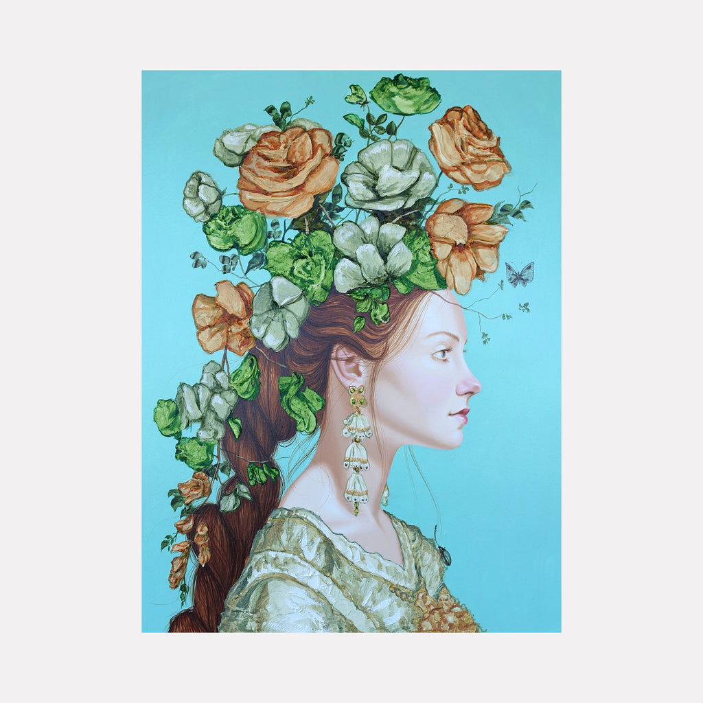 The artwork 'Symbols and Icons I' by Carlos Gamez de Francisco features a profile portrait adorned with a lush floral crown of peach and mint-colored roses against a vibrant turquoise background. The subject wears an ornate pearl drop earring and a vintage-style dress in pale mint. The acrylic on wood painting showcases delicate botanical details and a Renaissance-inspired composition with modern color palette by Carlos Gamez de Francisco.