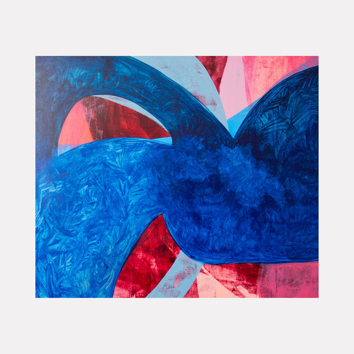 Symphony 12 by Carin Kulb Dangot: Abstract acrylic painting featuring bold curved shapes in deep cobalt blue against a dynamic pink and red background. The composition showcases sweeping arcs and flowing forms with rich textural brushwork, creating a harmonious interplay between cool and warm tones on canvas.