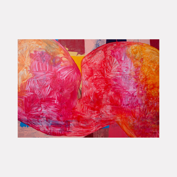 The artwork 'Symphony 1' by Carin Kulb Dangot features vibrant sweeping curves in luminous red and coral tones, creating an abstract heart-like form. The acrylic painting showcases textured brushstrokes with crystalline patterns, blending warm oranges and deep crimsons against hints of yellow and blue accents. Canvas dimensions 74x55 inches.