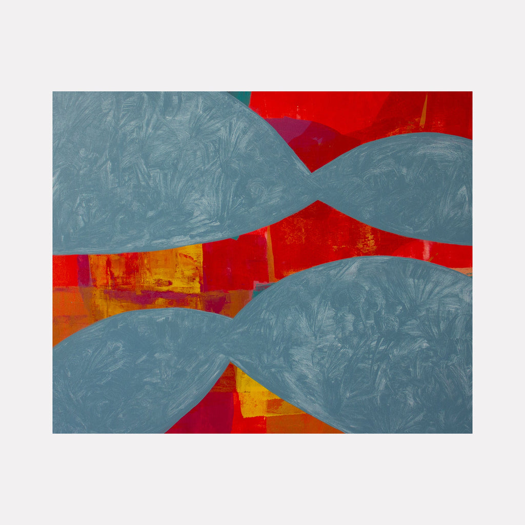 The artwork 'Symphony 5' by Carin Kulb Dangot features sweeping curves in muted blue-gray tones contrasting with vibrant red and golden yellow blocks. Abstract composition with layered, textural acrylic brushstrokes creates a harmonious interplay of cool and warm colors on canvas, suggesting rolling hills or waves against a dynamic background. By Carin Kulb Dangot.