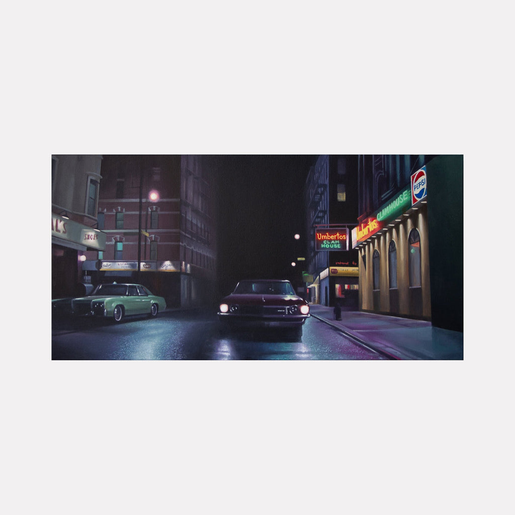 The artwork 'The Irishman' by Alex Devereux depicts a moody nocturnal urban scene with vintage automobiles on a rain-slicked street. The composition features neon signs illuminating the darkness, including a bright 7-Up storefront, creating dramatic reflections on the wet pavement. Rendered in acrylic on canvas, the painting captures the atmospheric noir aesthetic of a mid-century American cityscape.