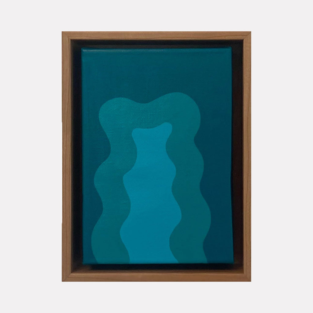 Turquoise Mini by Shadia Sabagh features flowing, wave-like abstract forms in varying shades of turquoise acrylic paint. The composition presents three undulating vertical shapes creating depth through tonal gradation, set within a wooden frame. This minimalist artwork exhibits smooth textures and organic movement, measuring 8x6 inches on canvas.