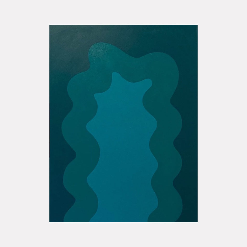 The artwork 'Turquoise' by Shadia Sabagh features flowing, wave-like forms in varied shades of turquoise and teal. Abstract vertical undulating patterns create a sense of movement and depth on the acrylic canvas. The composition showcases a gradual transition from deep marine tones to lighter aqua hues, part of the Energy of Color Series by Shadia Sabagh.