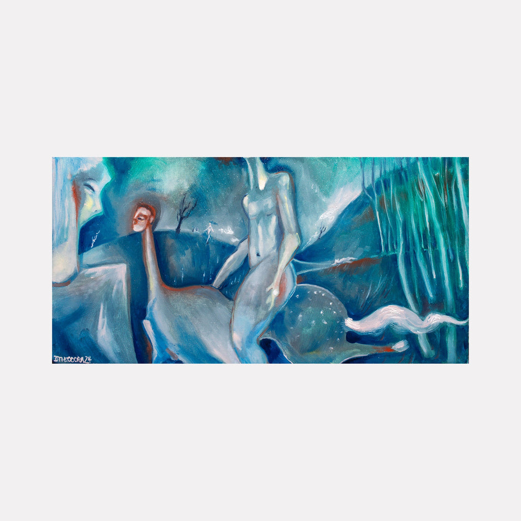 Taliesen and the Spring of Vision: Abstract oil painting in swirling blues and whites, depicting ethereal forms in underwater setting by Dara Theodora