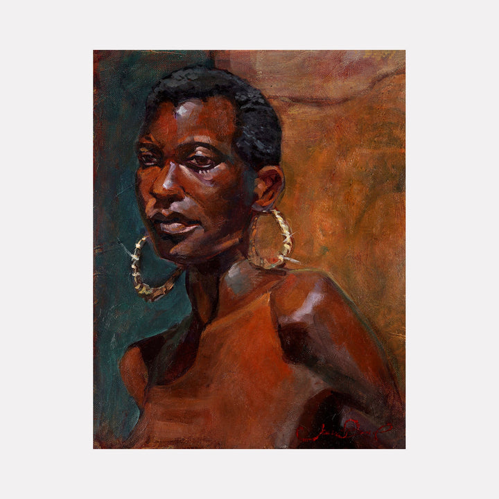The artwork 'Tatania' by JaeMe Bereal depicts a portrait against a rich terracotta and deep teal background, rendered in expressive brushstrokes on canvas. The composition features warm earth tones, gold hoop earrings, and masterful light play creating depth and dimension. The 20x16 inch lithograph showcases dramatic contrast and innovative artistic technique.