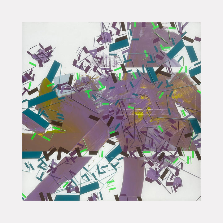 The artwork 'Tauu widsom' by Philippe Halaburda features an abstract composition of fragmented geometric shapes in purple, teal, and neon green against a white background. The mixed media piece showcases dynamic angular forms that appear to explode outward, creating a sense of movement and energy through scattered rectangular elements and intersecting lines. 48x48 inches by Philippe Halaburda.