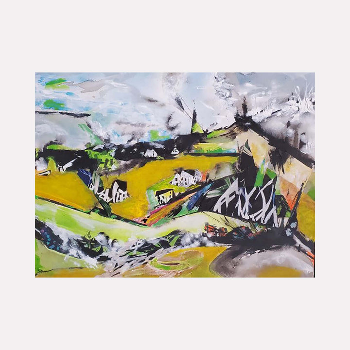 The artwork 'Taylor Valley' by James Ehling features a dynamic abstract landscape with vibrant yellow fields contrasting against bold black strokes and gray stormy skies. Splashes of lime green accent the composition, while white gestural marks create movement throughout the mixed media piece on canvas. Small abstract buildings dot the hillside, creating a semi-abstract rural scene.