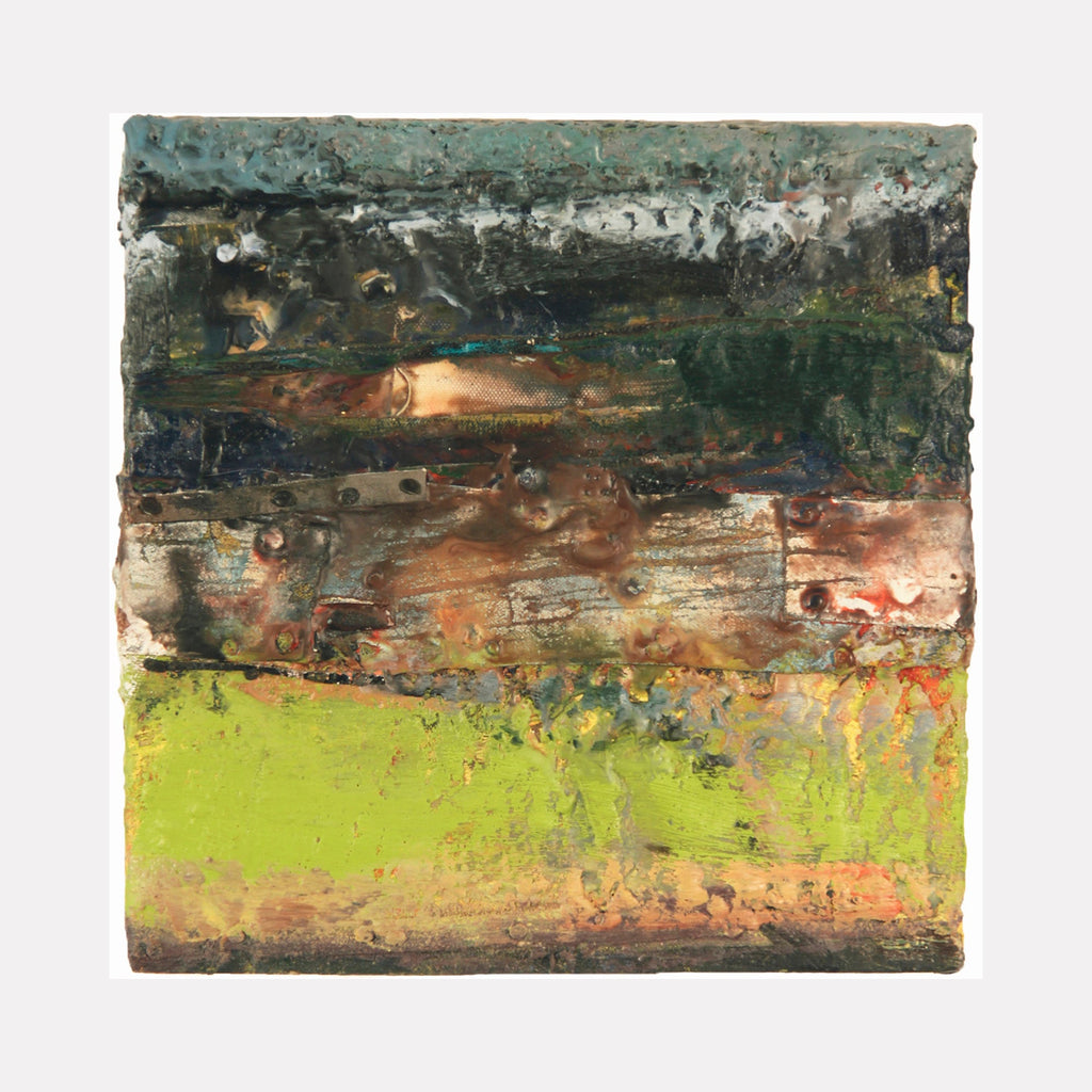 The artwork 'Tempest II' by Christopher Blyth features layered horizontal bands of textural encaustic painting, transitioning from moody storm-like greys and deep teals at the top, through weathered rustic browns in the middle, to a vivid lime green base, creating an abstract landscape effect with rich surface variations and organic patterns