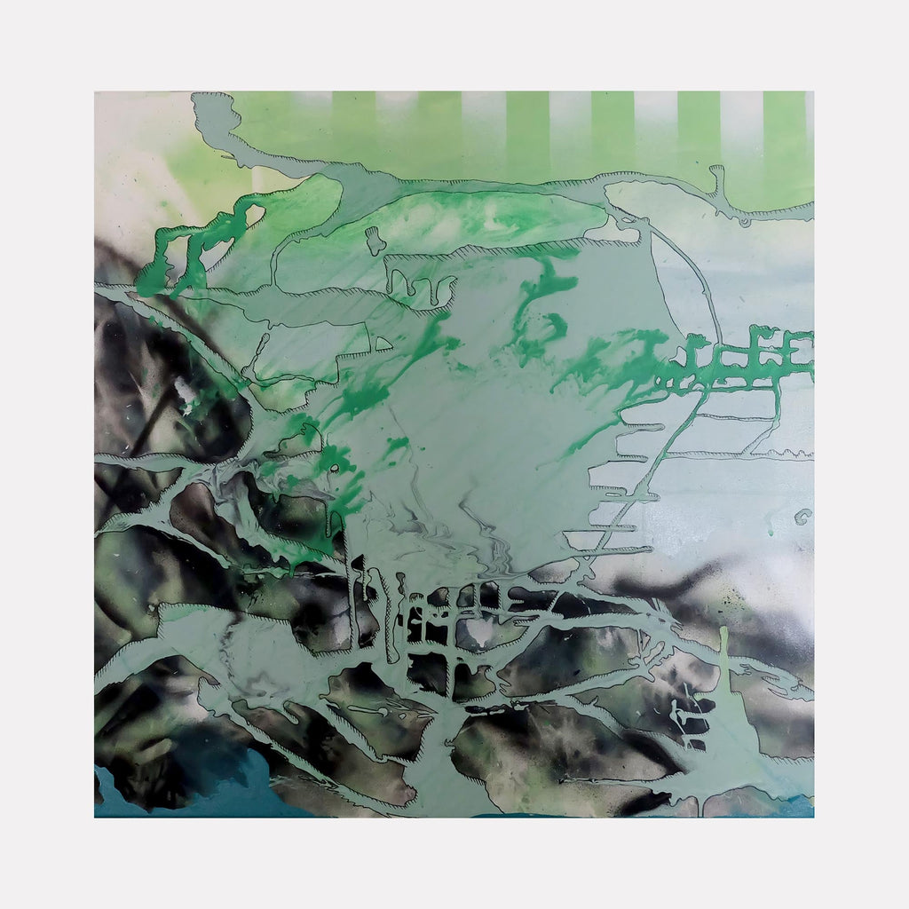 The artwork 'The Coves of Palos Verdes' by Devin Ruiz features abstract fluid landscapes in emerald green and charcoal tones. The mixed media on canvas creates ethereal coastal topography with flowing lines and organic shapes, suggesting aerial views of shorelines and coves. Misty watercolor effects blend with bold strokes, creating a dynamic 24x24 inch composition.