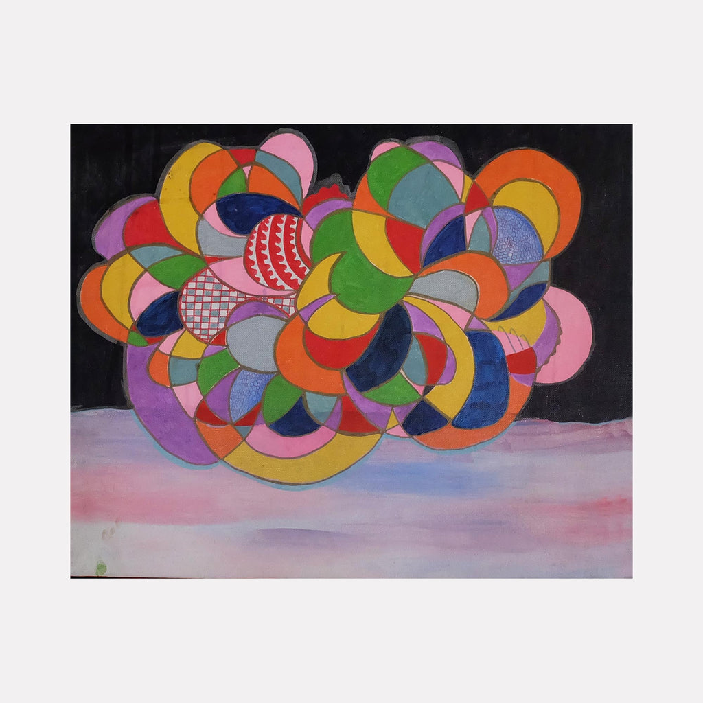 The artwork 'The Flowers Abstract Dream' by Devin Ruiz features vibrant overlapping circles in yellow, orange, blue, pink, green, and purple against a dark background, floating above a soft pink and blue gradient horizon. The circles create a playful, kaleidoscopic pattern with geometric patterns and textures, painted in acrylic on canvas measuring 16x20 inches.