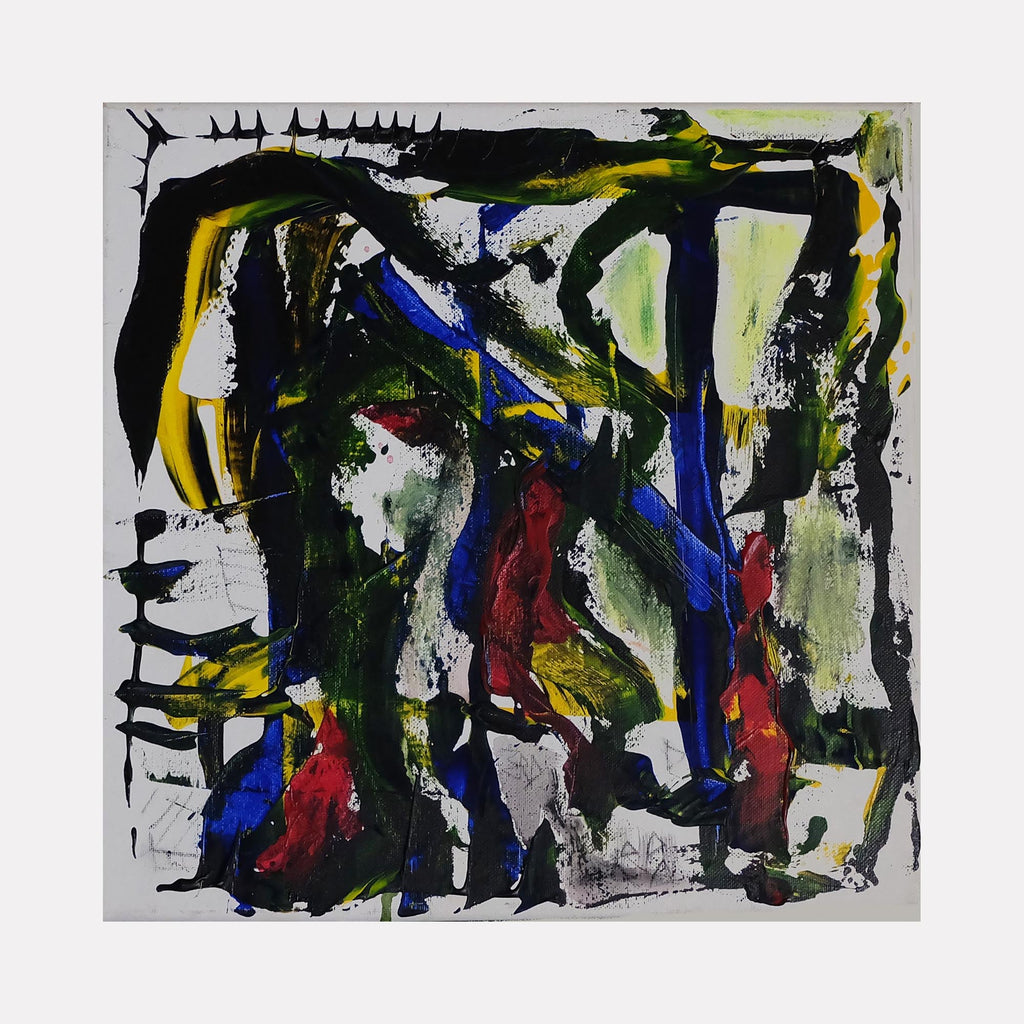 The artwork 'The Tiger and the POPE' by Devin Ruiz features bold abstract expressionist strokes in black, blue, yellow, and red against a white background. Dynamic brushwork creates angular forms and dramatic contrasts, with gestural movements suggesting raw energy and emotional depth. Acrylic on canvas, the 13x13 inch piece exhibits a powerful interplay of colors and spontaneous composition.