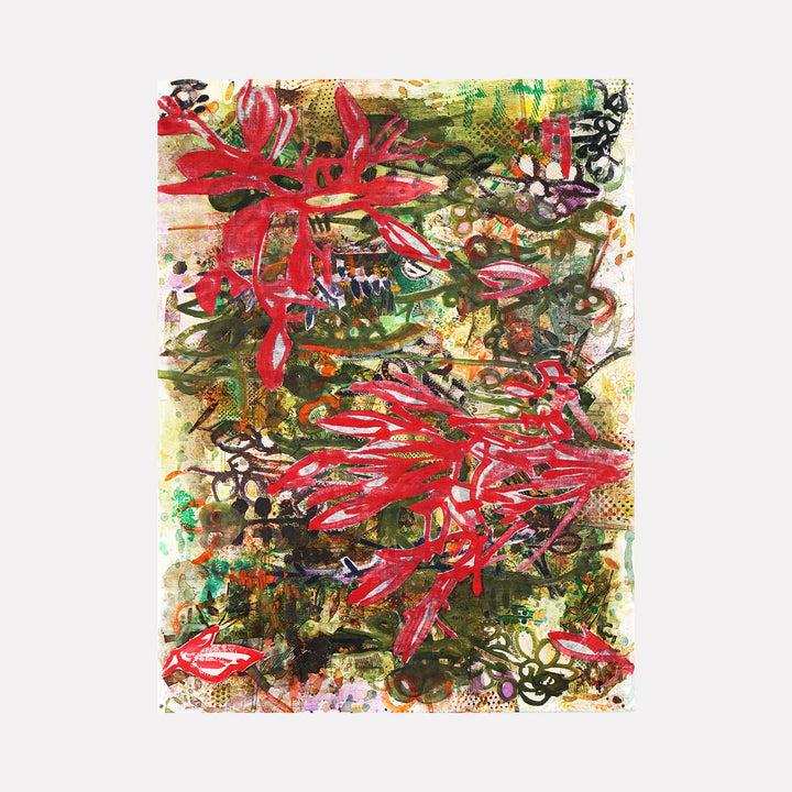 The artwork 'The Battle of Good Versus Evil' by Lisa Petker Mintz features vibrant red abstract forms against a textured background of olive green and yellow. Dynamic brushstrokes create movement throughout the canvas, with splashes of black calligraphic marks interweaving through the composition. The acrylic paint and fabric medium create layers of depth and texture in this energetic 40x30 inch canvas.