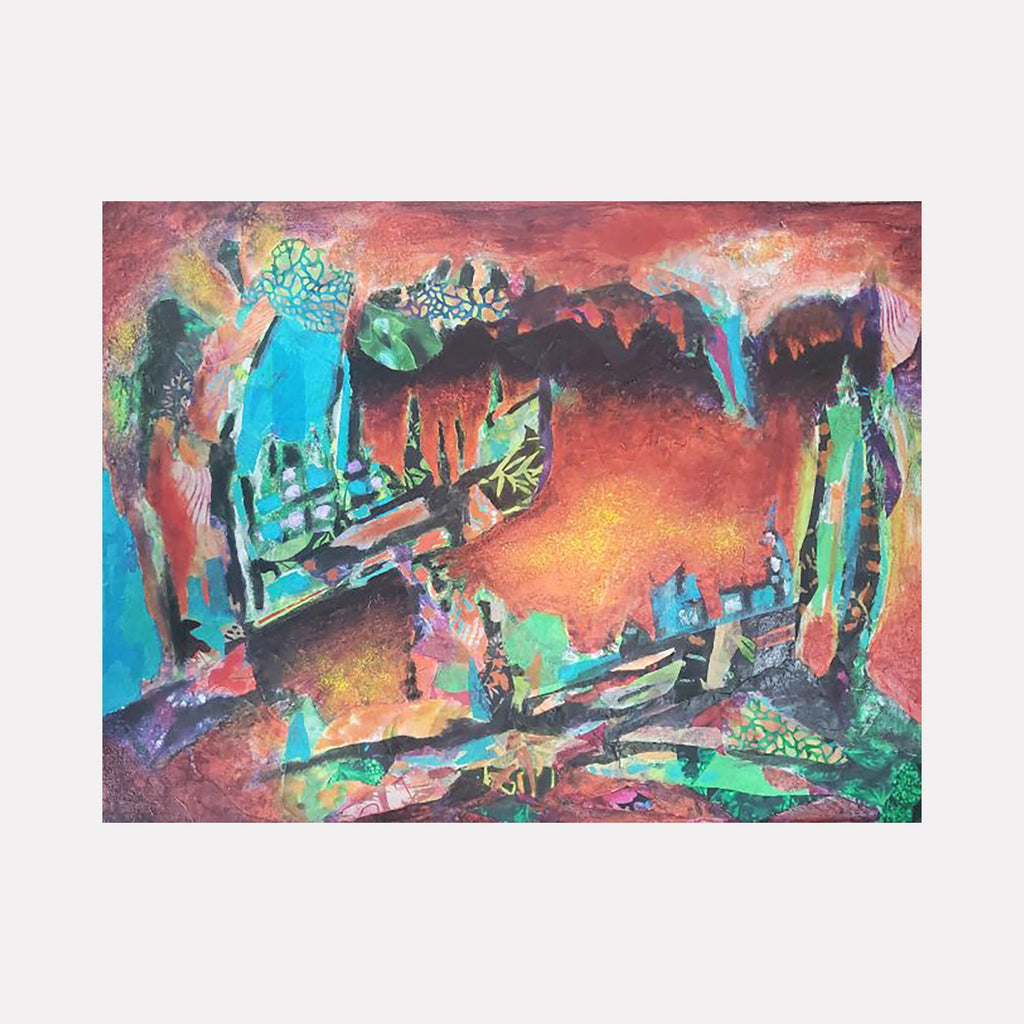 The artwork 'The Black Freighter' by James Ehling features a mystical seascape rendered in vibrant turquoise, emerald, and fiery orange hues. Abstract shapes suggest a dark vessel amid stormy waters, created through layered acrylic paint, fabric, and tissue paper textures. The mixed-media composition creates a dreamlike underwater atmosphere with dramatic contrasts and ethereal elements. By James Ehling.