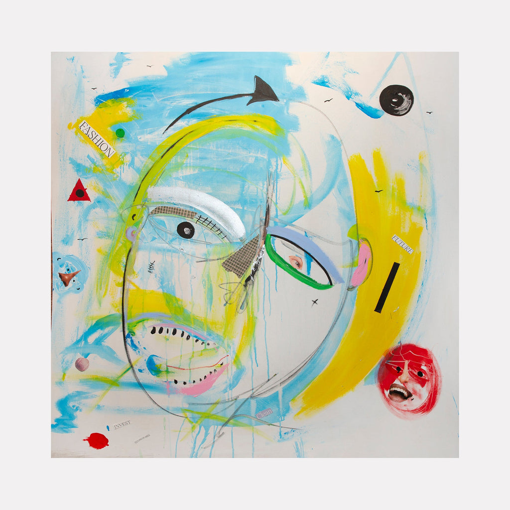 The artwork 'The Final Frame' by Cavier Coleman features an abstract expressionist composition with a striking face rendered in bold brushstrokes. Vibrant turquoise blue and yellow sweeps dominate the canvas, with dynamic black lines and geometric shapes. Mixed media elements include paper collage and silver leaf, creating a textured surface against the white background. Red accents punctuate the composition. - By Cavier Coleman