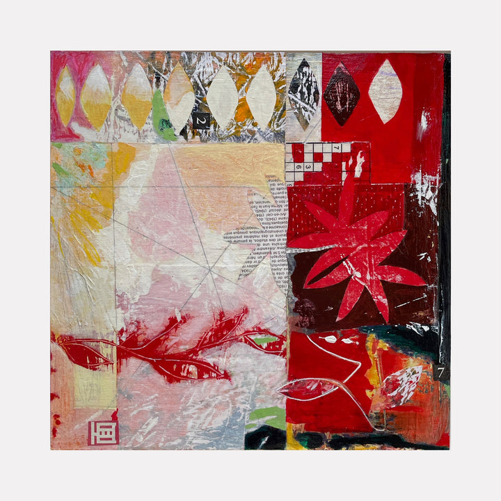 The artwork 'The Flamboyant' by Giliane Bader features a vibrant mixed media composition on birch panel combining bold red geometric shapes with delicate white leaf patterns. Abstract elements include textured layers, newspaper collage, and dynamic brush strokes in yellow and pink hues, finished with cold wax for added depth and luminosity. 12x12 inches.