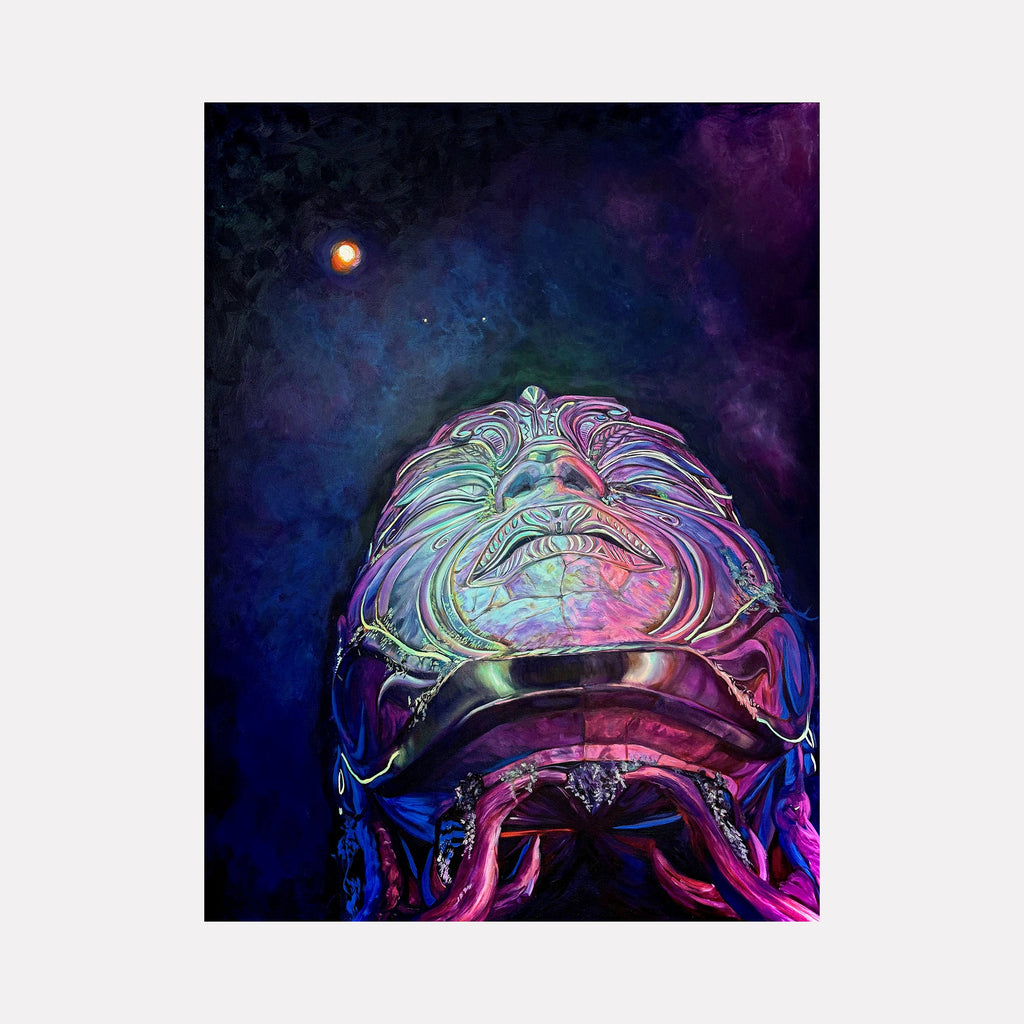The artwork 'The Freedom To Love' by Claudia Robles-Gil features a mesmerizing abstract portrait bathed in vibrant neon colors. A cosmic deep blue and purple background frames an iridescent sculptural form with swirling patterns in turquoise, pink, and electric blue. The painting's oil and acrylic techniques create a luminous, otherworldly effect against a mysterious night sky with a glowing orb. Contemporary surrealist style on 48x36 inch canvas