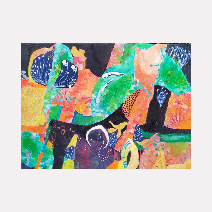 The artwork 'The Garden at Night' by James Ehling features a vibrant mixed-media composition with abstract shapes in emerald green, coral orange, and deep navy blue. Textured fabric elements and acrylic paint create a whimsical nocturnal scene with dotted patterns and flowing lines, suggesting moonlit foliage and garden elements on a 16x12 inch canvas. Artwork by James Ehling.