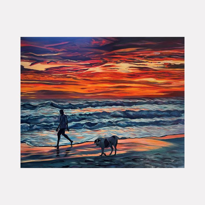 The artwork 'The Journey' by Claudia Robles-Gil depicts a silhouetted figure walking with a dog along a beach at sunset. Dramatic orange and red clouds streak across the sky, reflecting on rippling ocean waves in deep blues and teals. The oil and acrylic painting captures the serene moment through expressive brushstrokes and vibrant color contrasts.