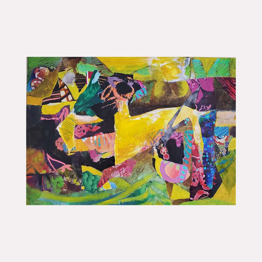 The artwork 'The Macomber Estate' by James Ehling features a vibrant abstract composition combining acrylic and fabric on canvas. Dynamic shapes in yellow, green, pink, and black create a bold, energetic movement across the surface. Layered collage elements add texture while sweeping brushstrokes and geometric forms merge in an expressive, contemporary style. By James Ehling.