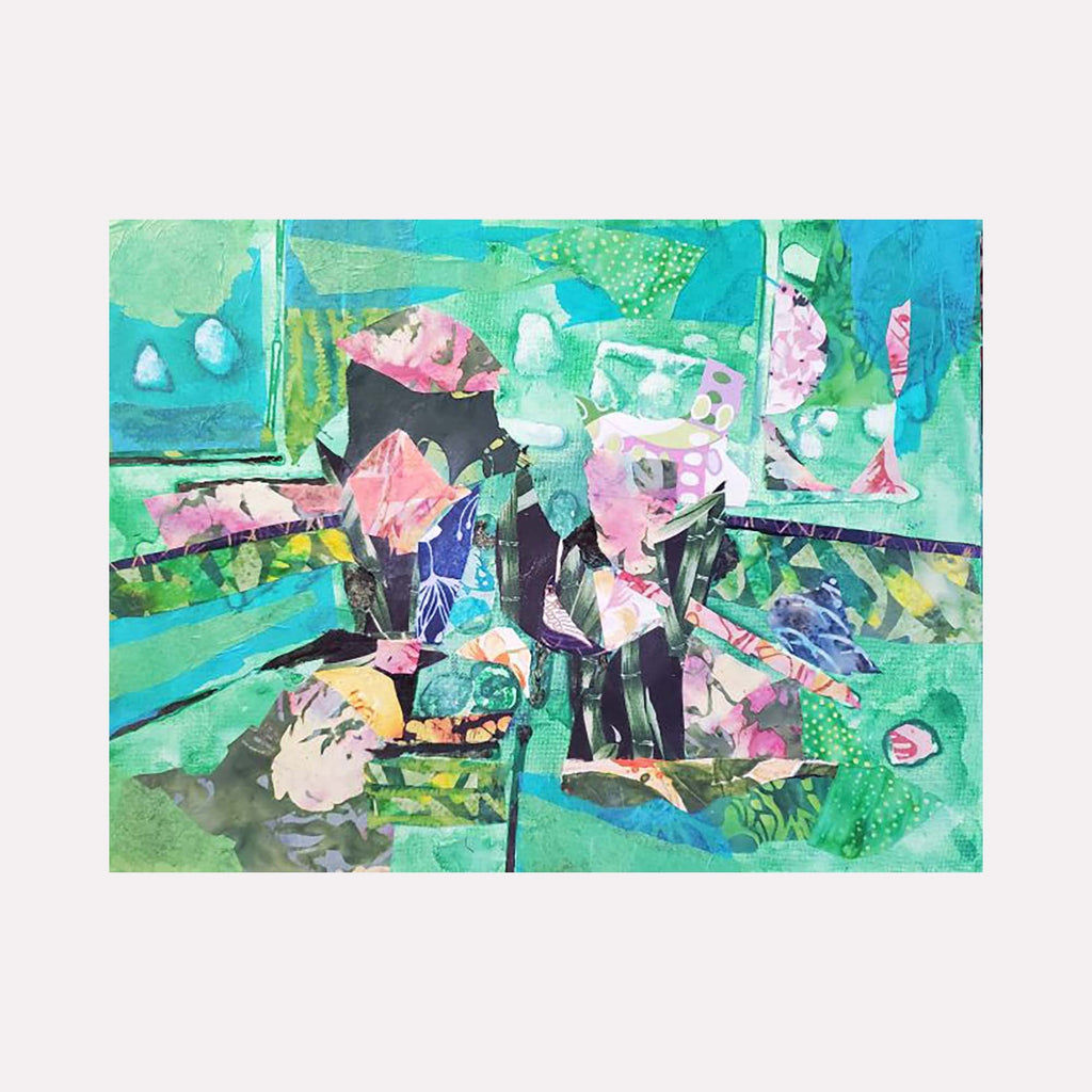 The artwork 'The Mystery Bar' features a vibrant abstract composition with dynamic strokes in turquoise, emerald green, and soft pink hues. Mixed media collage elements blend with acrylic paint, creating textural layers against a seafoam background. Flowing organic shapes and geometric fragments interact in a dreamlike scene. Original artwork by James Ehling.